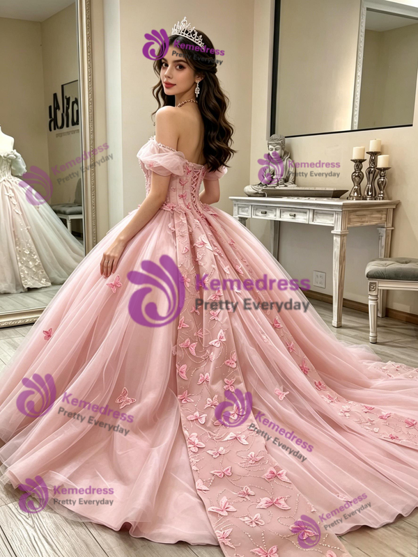 Pink Tulle Off the Shoulder Butterfly Quinceanera Dress