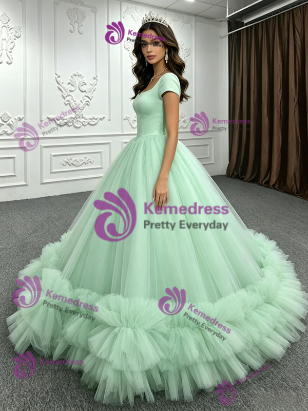 Green Tulle Cap Sleeve Square Neck Quinceanera Dress
