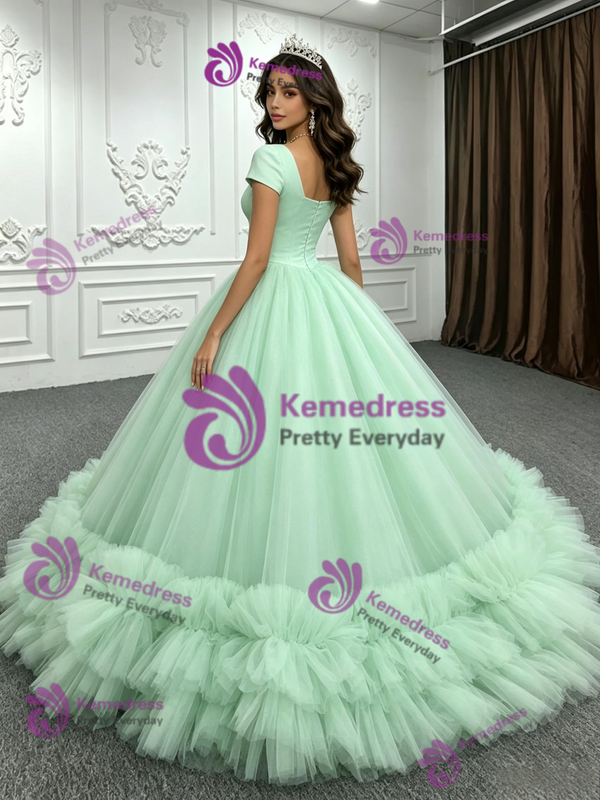 Green Tulle Cap Sleeve Square Neck Quinceanera Dress