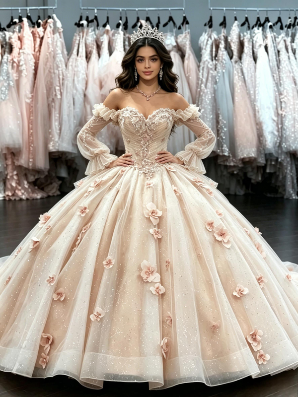 Champagne Tulle Long Sleeve Flwoer Quinceanera Dress