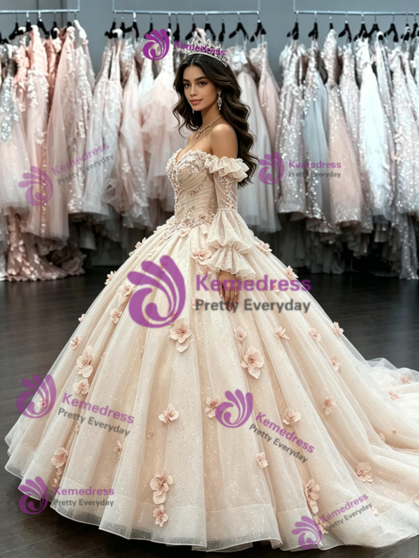 Champagne Tulle Long Sleeve Flwoer Quinceanera Dress