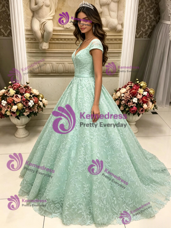Green Lace Cap Sleeve Quinceanera Dress