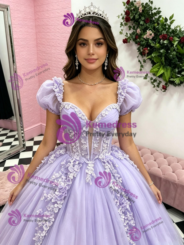 Purple Tulle Puff Sleeve Appliques Quinceanera Dress