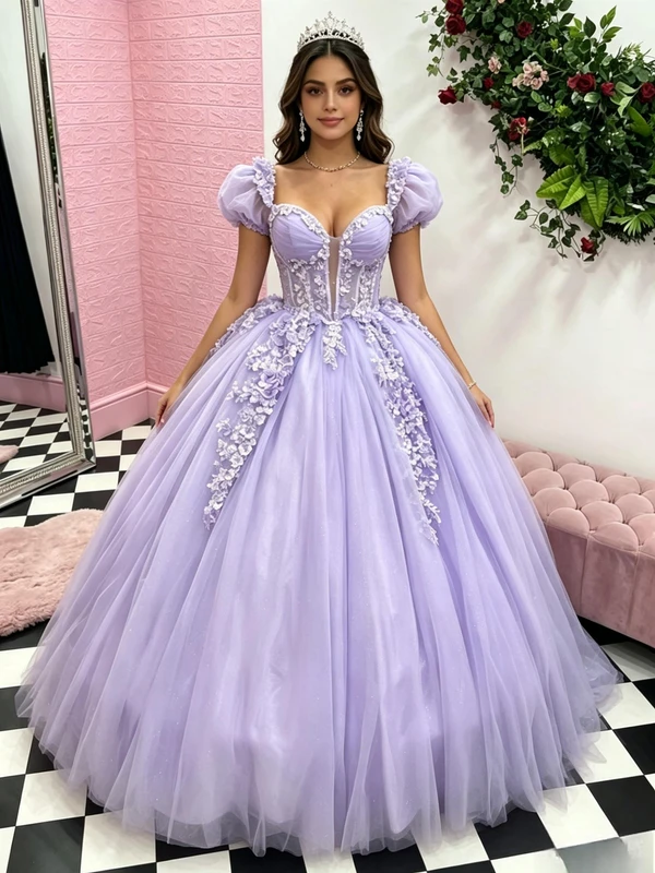 Purple Tulle Puff Sleeve Appliques Quinceanera Dress