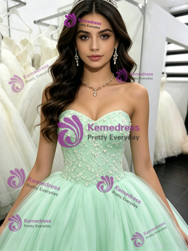 Green Tulle Strapless Quinceanera Dress