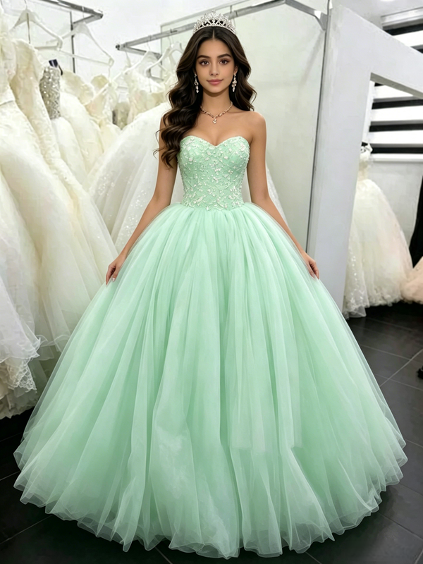 Green Tulle Strapless Quinceanera Dress
