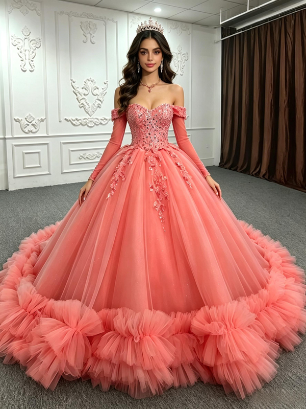 Watemelon Red Tulle Long Sleeve Quinceanera Dress