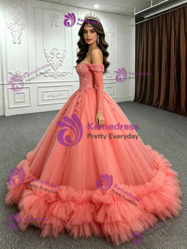 Watemelon Red Tulle Long Sleeve Quinceanera Dress