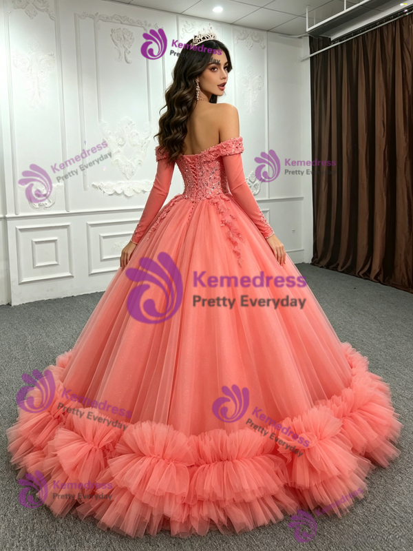 Watemelon Red Tulle Long Sleeve Quinceanera Dress
