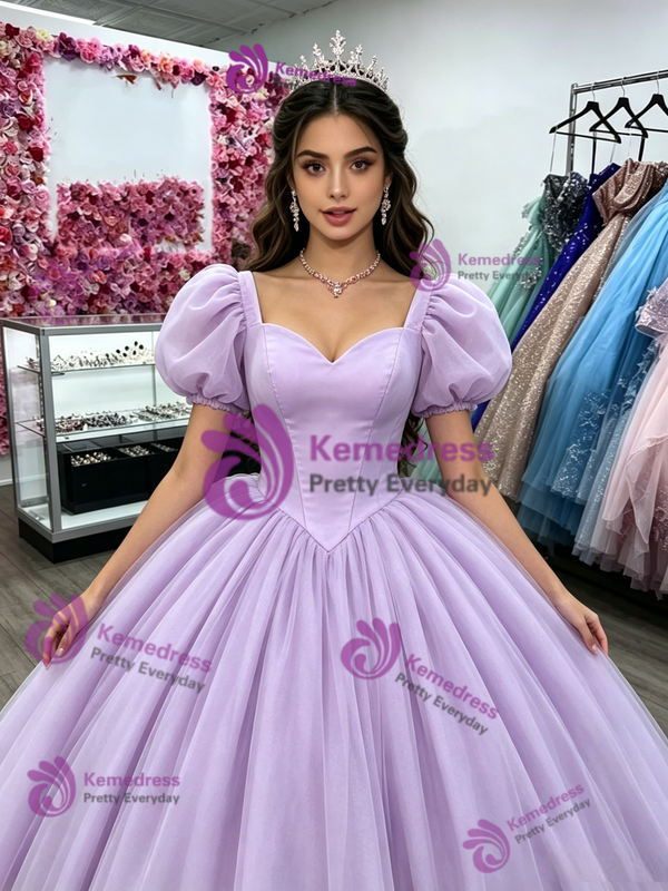 Purple Tulle Square Neck Puff Sleeve Quinceanera Dress
