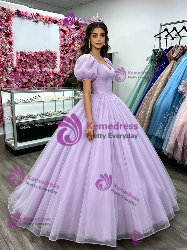Purple Tulle Square Neck Puff Sleeve Quinceanera Dress