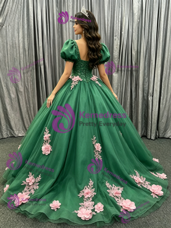 Green Tulle Puff Sleeve Flower Quinceanera Dress