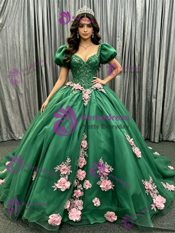 Green Tulle Puff Sleeve Flower Quinceanera Dress