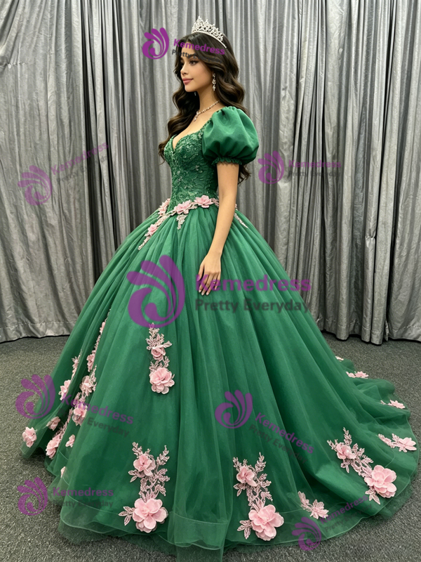 Green Tulle Puff Sleeve Flower Quinceanera Dress