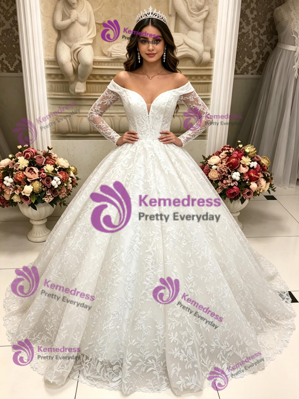 White Lace Long Sleeve Off the Shoulder Quinceanera Dress