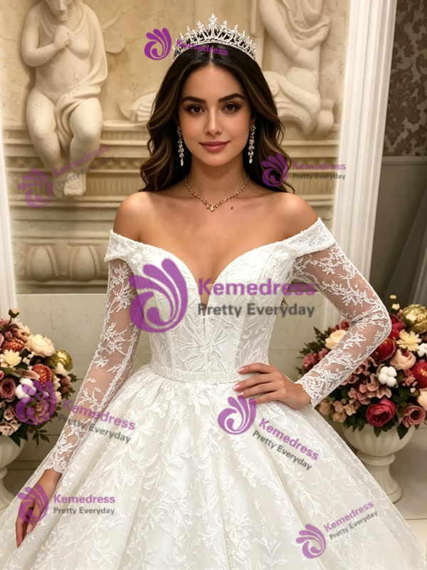 White Lace Long Sleeve Off the Shoulder Quinceanera Dress