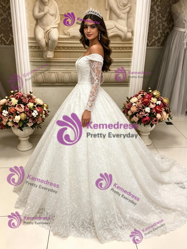 White Lace Long Sleeve Off the Shoulder Quinceanera Dress