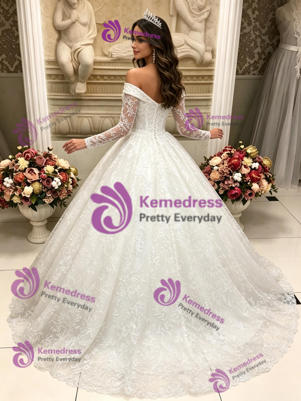 White Lace Long Sleeve Off the Shoulder Quinceanera Dress