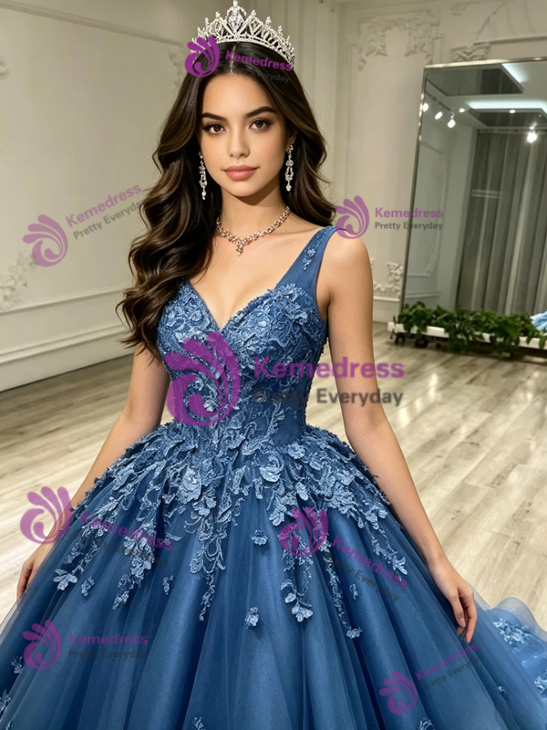 Blue Tulle V-neck Appliques Quinceanera Dress