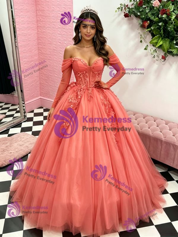 Watermelon Tulle Long Sleeve Quinceanera Dress