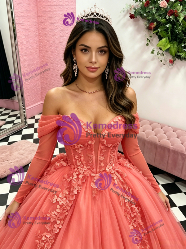 Watermelon Tulle Long Sleeve Quinceanera Dress