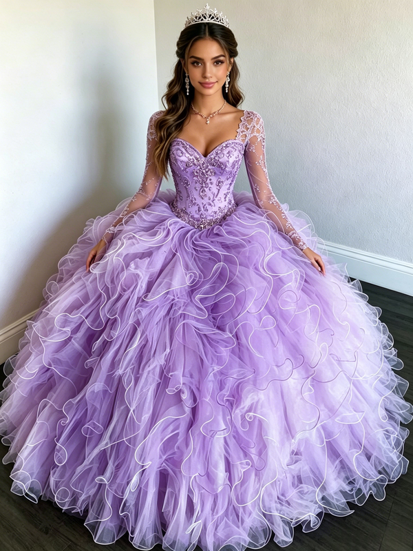 White Tulle Long Sleeve Square Neck Quinceanera Dress