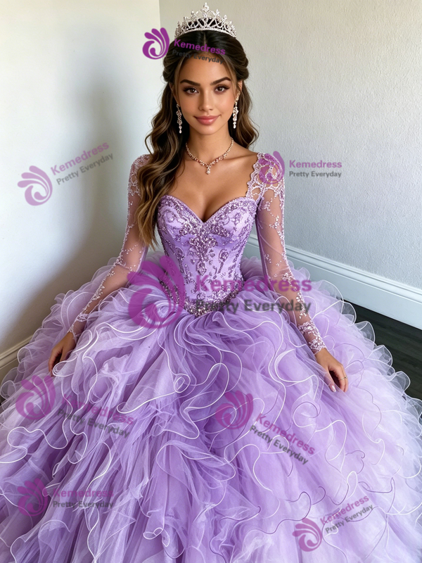 White Tulle Long Sleeve Square Neck Quinceanera Dress