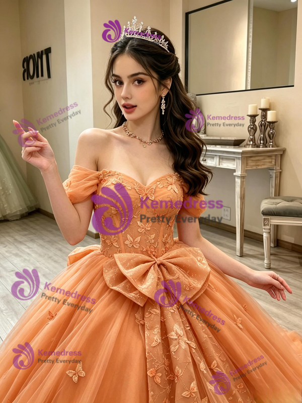 Orange Tulle Off the Shoulder Quinceanera Dress