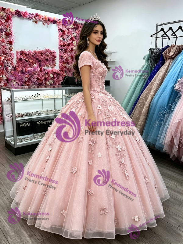 Pink Tulle Short Sleeve Appliques Quinceanera Dress