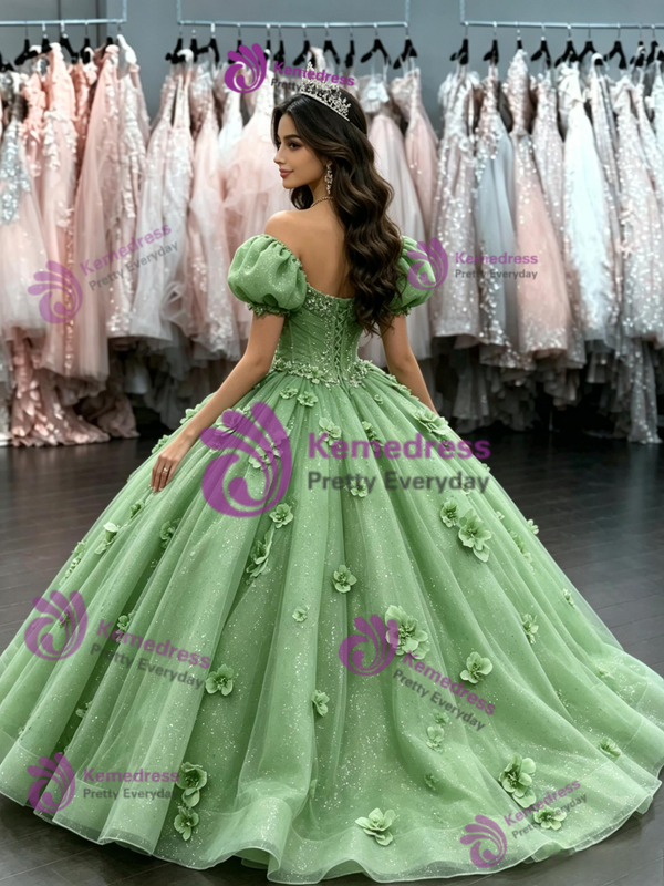 Green Tulle Puff Sleeve Flower Quinceanera Dress