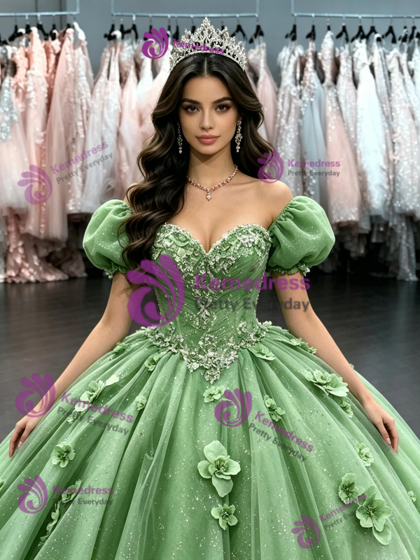 Green Tulle Puff Sleeve Flower Quinceanera Dress