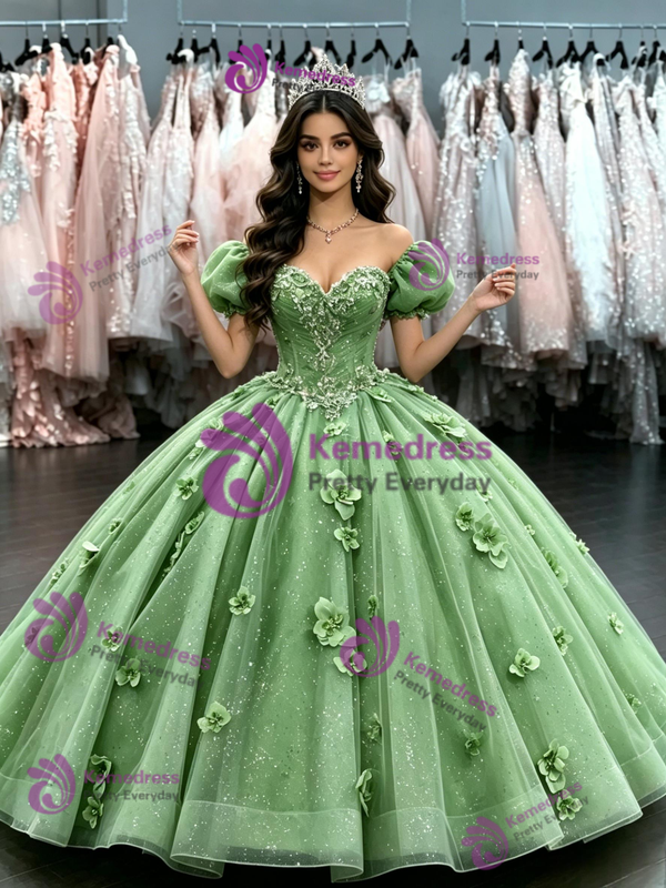 Green Tulle Puff Sleeve Flower Quinceanera Dress