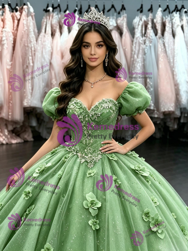 Green Tulle Puff Sleeve Flower Quinceanera Dress