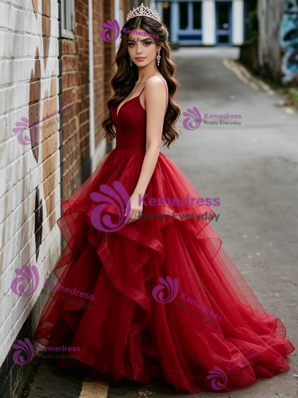 Burgundy Tulle Spaghetti Straps Prom Dress