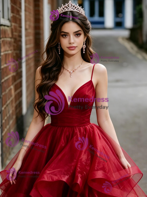 Burgundy Tulle Spaghetti Straps Prom Dress