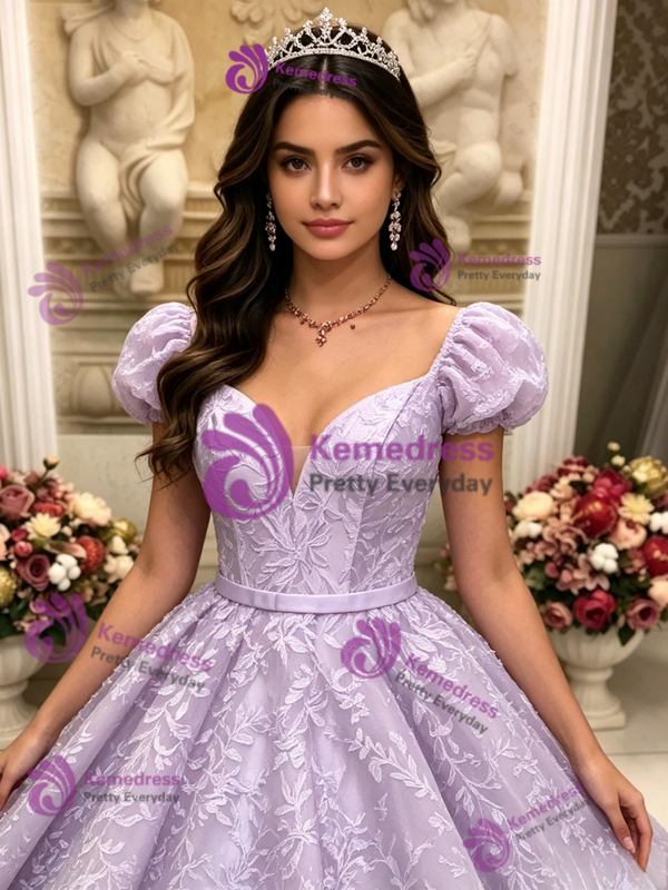Purple Lace Puff Sleeve Quinceanera Dress