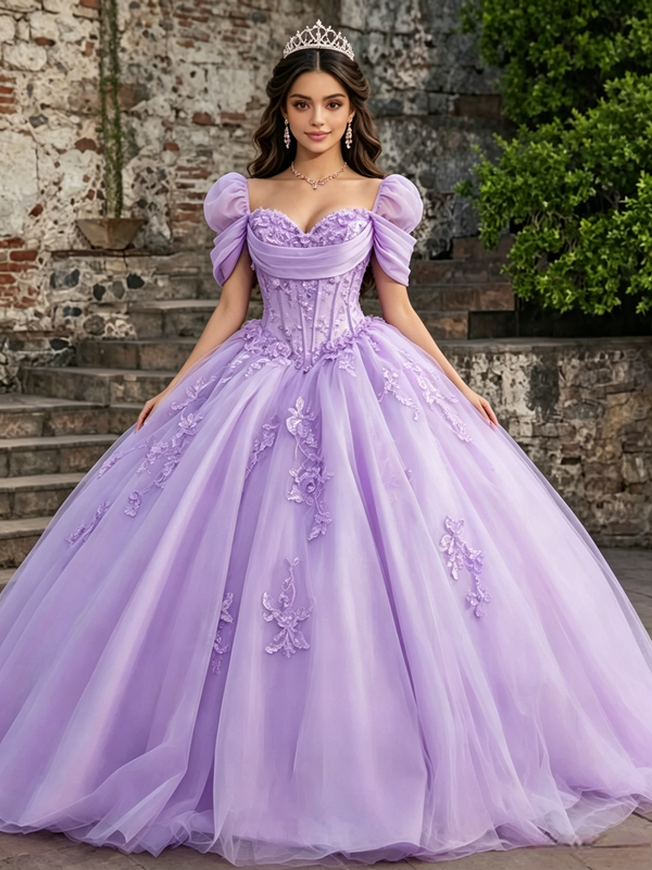 Purple Tulle Appliques Quinceanera Dress