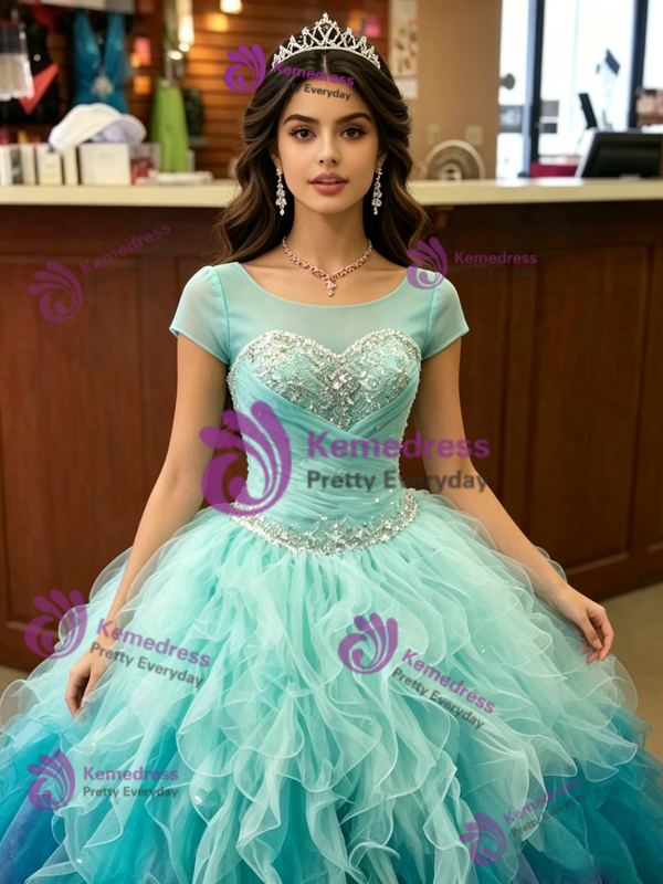 Blue Tulle Cap Sleeve Quinceanera Dress