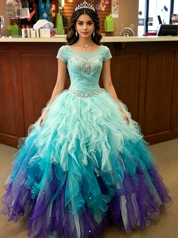 Blue Tulle Cap Sleeve Quinceanera Dress