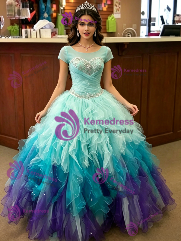 Blue Tulle Cap Sleeve Quinceanera Dress