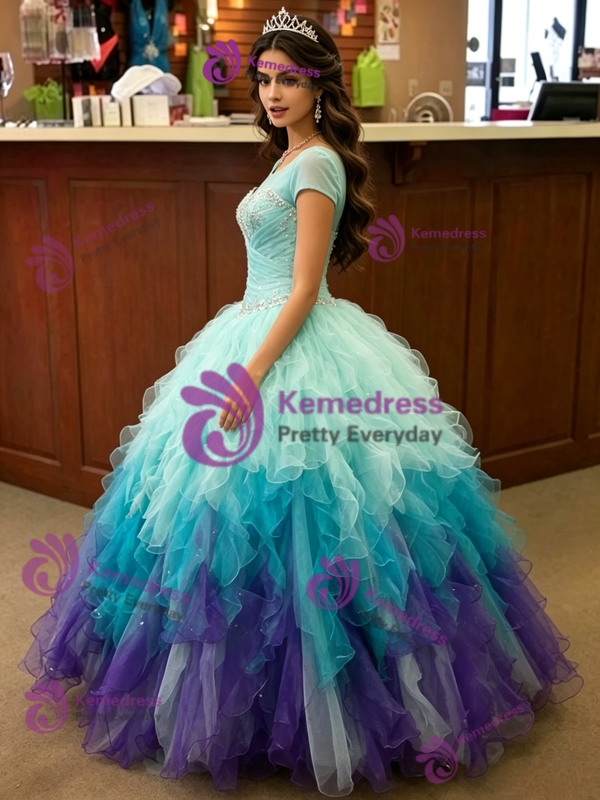 Blue Tulle Cap Sleeve Quinceanera Dress