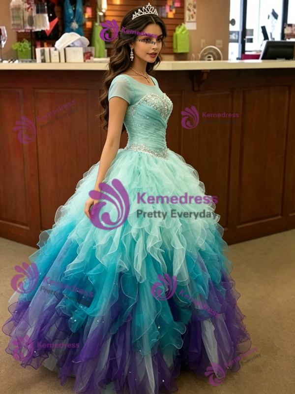 Blue Tulle Cap Sleeve Quinceanera Dress