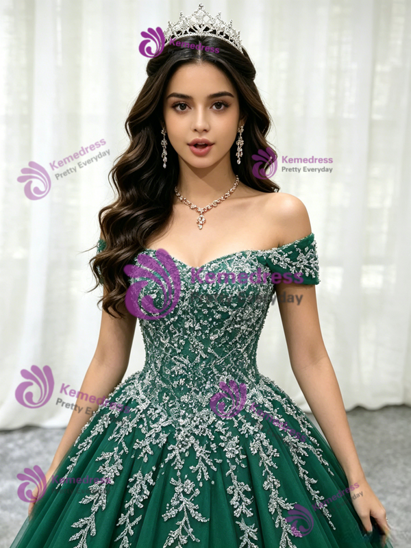 Green Tulle Off the Shoulder Quinceanera Dress