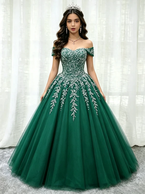 Green Tulle Off the Shoulder Quinceanera Dress