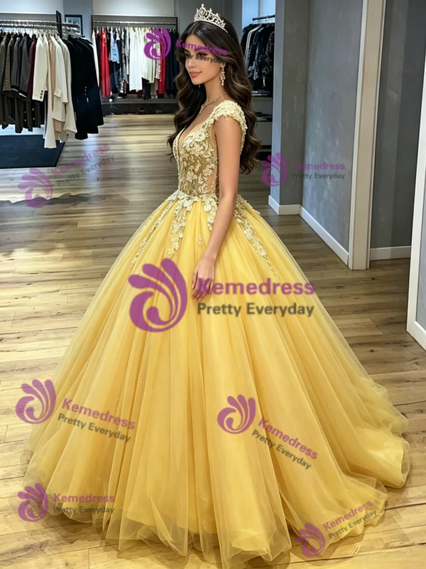 Yellow Tulle V-neck Appliques Quinceanera Dress