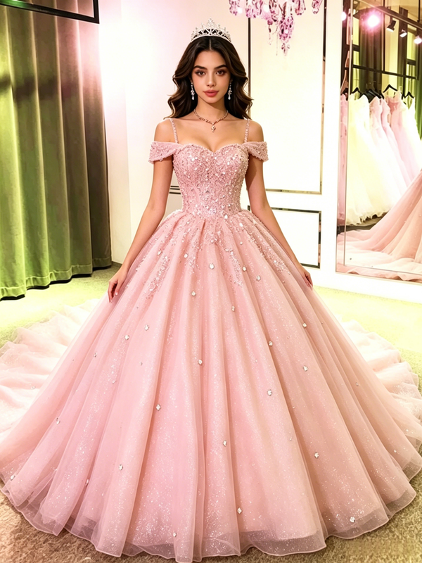Pink Tulle Straps Quinceanera Dress