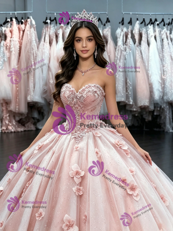 Pink Tulle Strapless Flower Quinceanera Dress