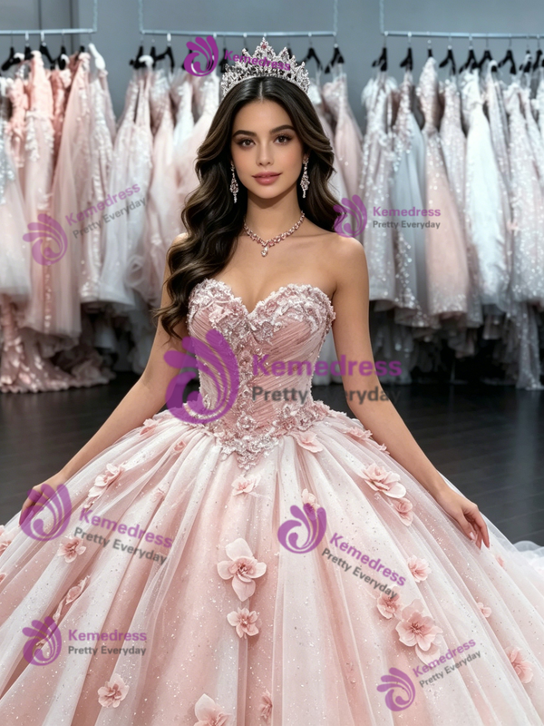 Pink Tulle Strapless Flower Quinceanera Dress