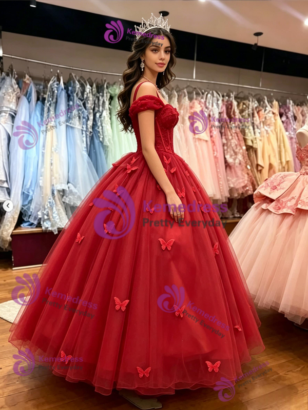 Red Tulle Straps Butterfly Quinceanera Dress