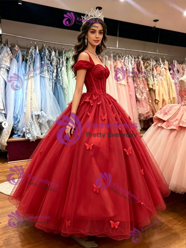 Red Tulle Straps Butterfly Quinceanera Dress